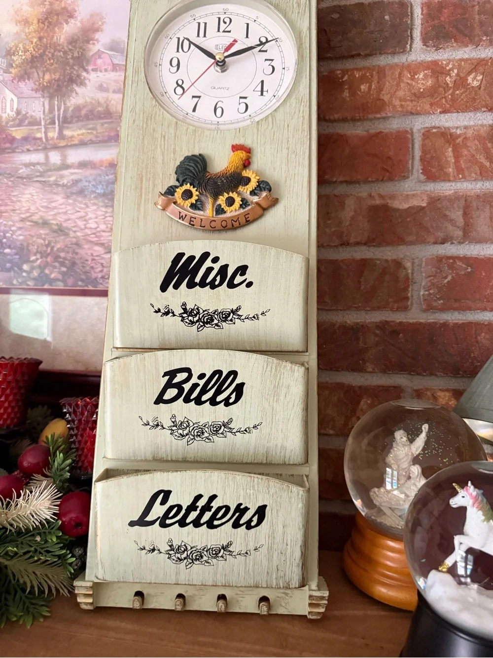 Vintage-Style Cream Wall Mail Organizer with Clock and Rooster Accent